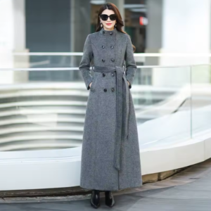 معطف صوفي سميك بياقة واقفة باللون الرمادي