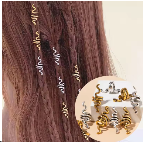 مشابك حلقات لتضفير الشعر ، ديكور معدني ، أفعى معدنية ، إكسسوارات الشعر ، حلقات الضفيرة ، أقفال الفزع ، 10