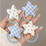 حلقة شعر نجمة منقوشة زرقاء ، ذيل حصان ، رباط جلدي صغير